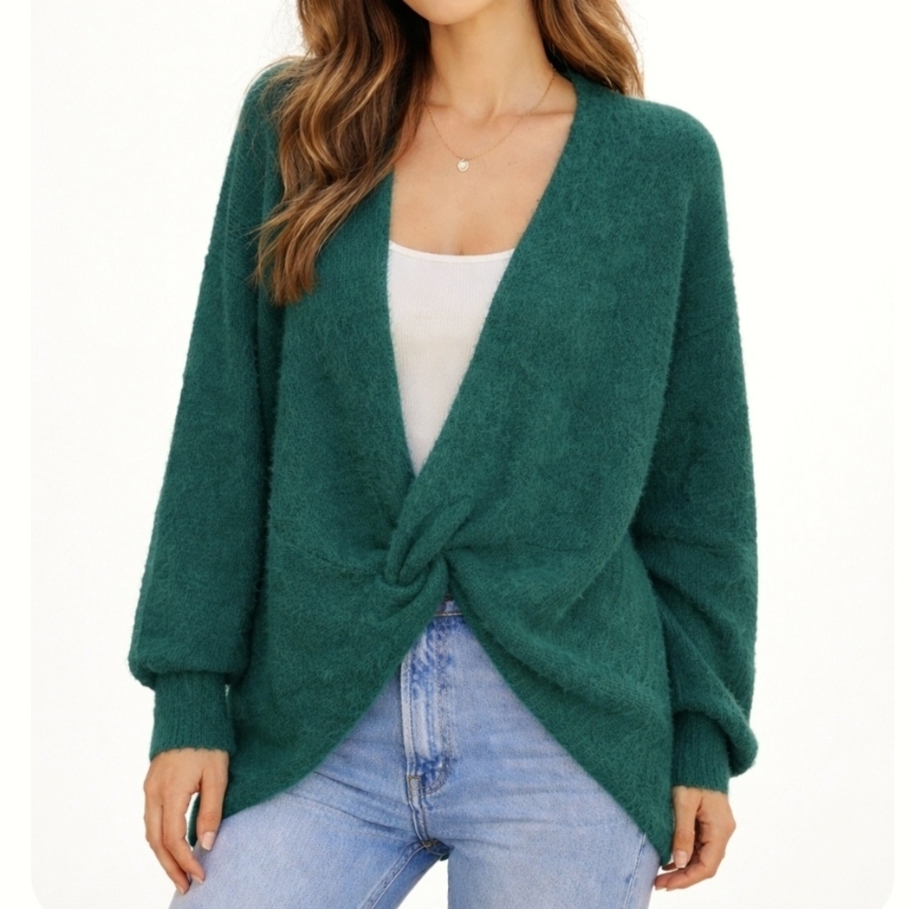 Eloquii Forest Green Plush Twist-Front Deep V Sweater 22/24